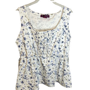 Taillissime White Blue Floral Tie Under Chest Babydoll Blouse Size Medium